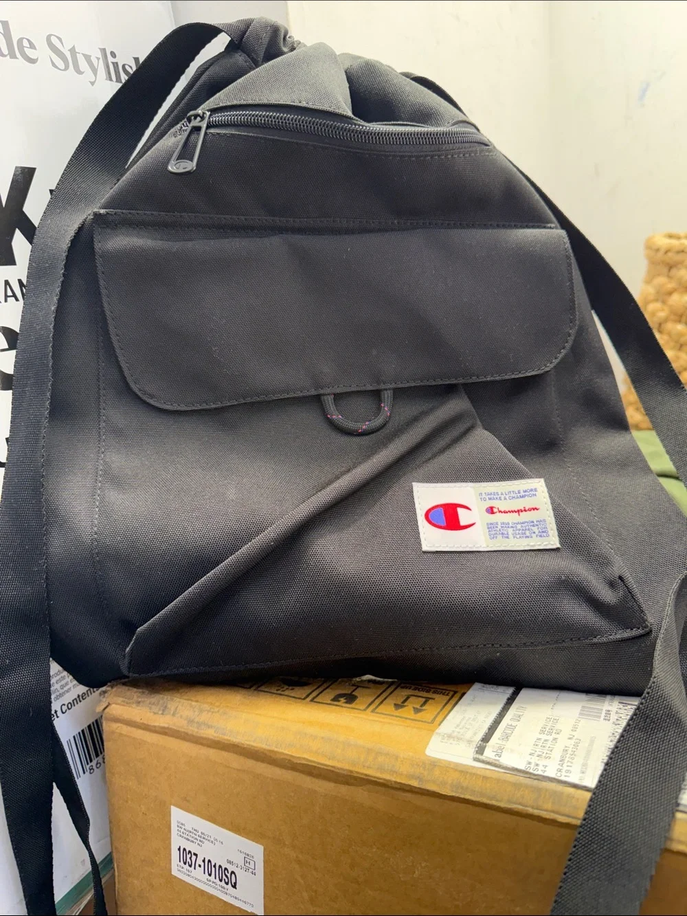 Champion Black Backpack with Front Flap and Logo Patch